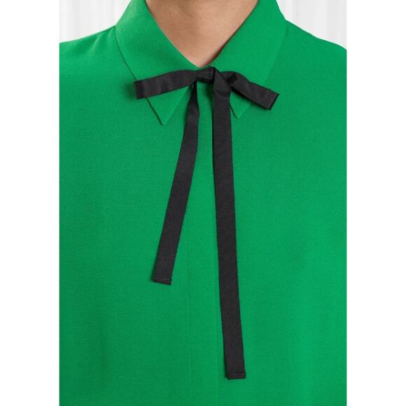 & Other Stories Green Bow Tie Button Down Collar Long Sleeve Shirt Blouse Top 2 - Picture 2 of 9